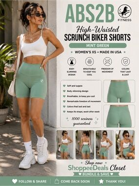 ABS2B Fitness High-Waisted Scrunch Biker Shorts – Mint Green – Women’s XS